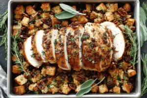 Sheet Pan Herb Roasted Turkey And Cranberry Pecan Stuffing