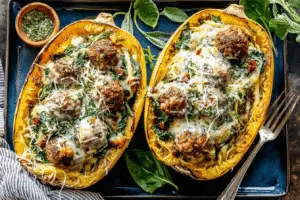 Cheesy Meatball Stuffed Spaghetti Squash