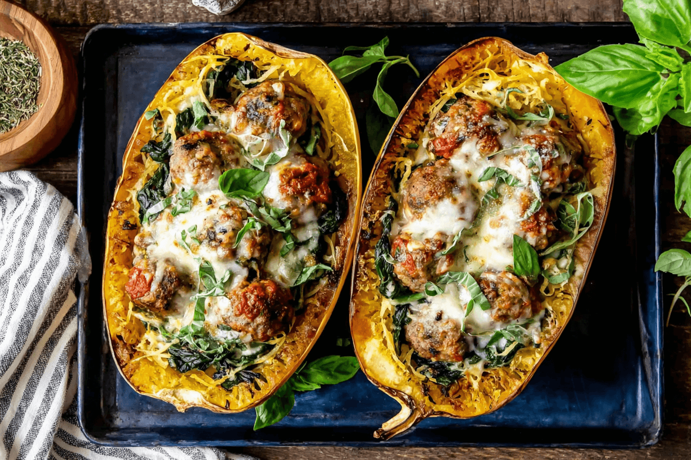 Cheesy Meatball Stuffed Spaghetti Squash Recipe