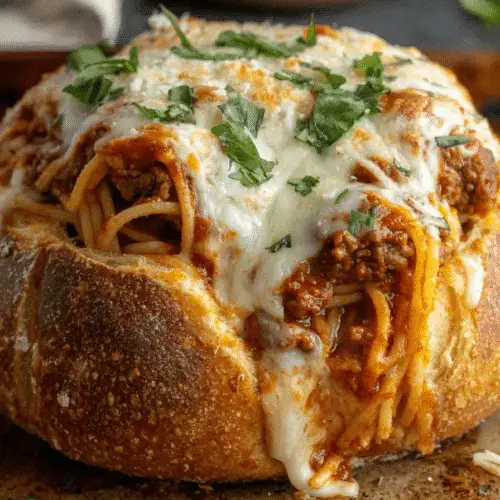 Cheesy Spaghetti Stuffed Bread Bowls Recipe