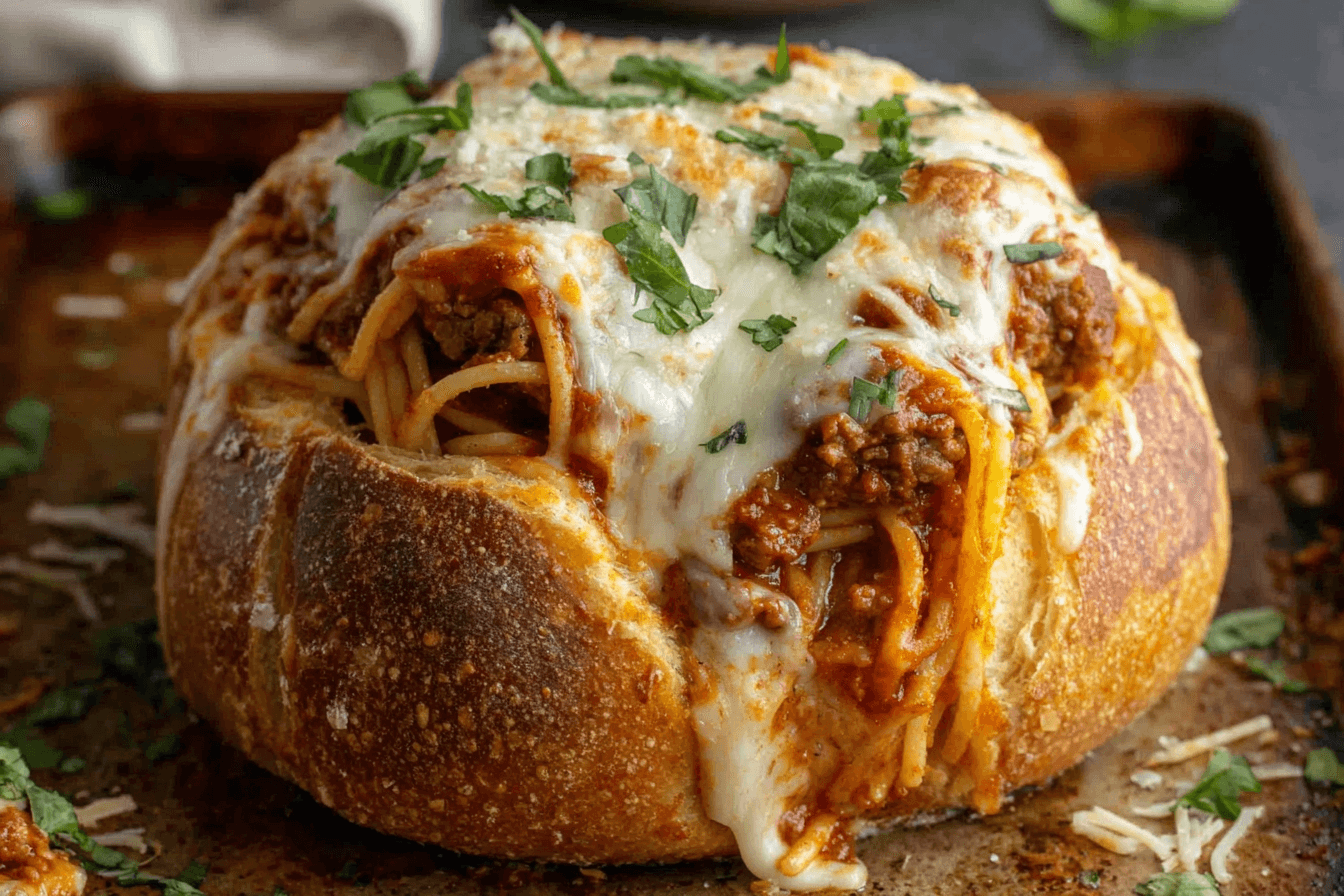 Cheesy Spaghetti Stuffed Bread Bowls Recipe