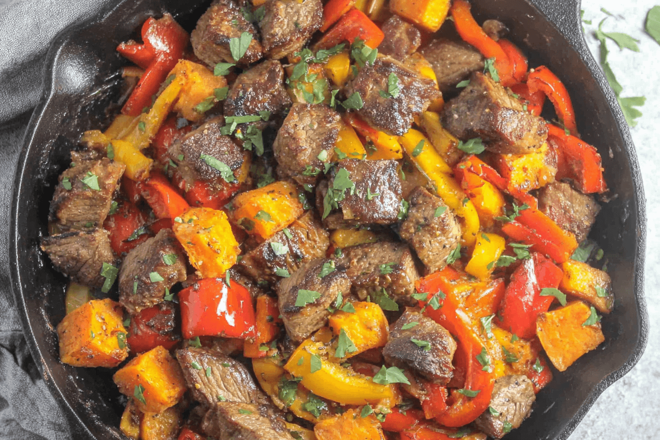 Steak Bites With Sweet Potatoes And Peppers Recipe