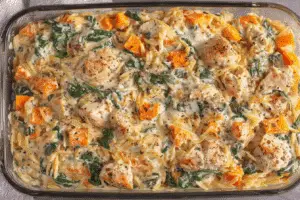 Cheesy Chicken Orzo Bake