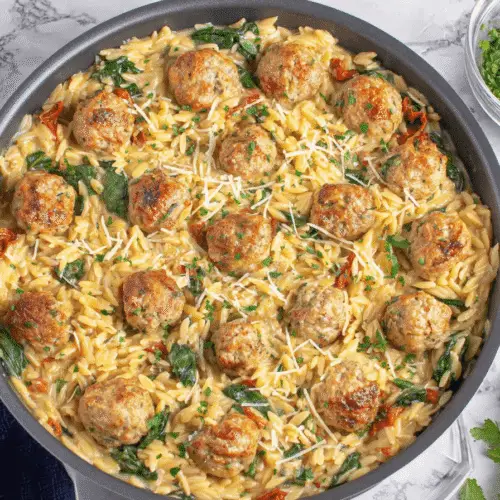 Chicken Meatballs with Creamy Tuscan Orzo Recipe