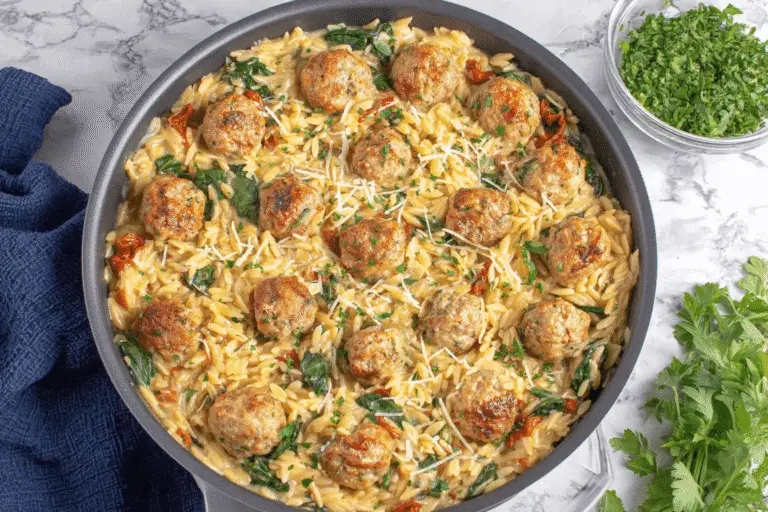 Chicken Meatballs with Creamy Tuscan Orzo Recipe
