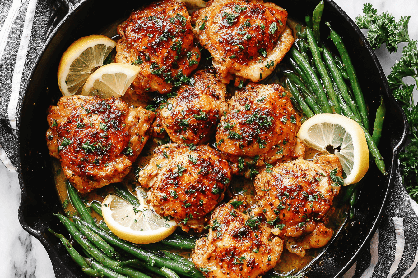 Lemon Garlic Butter Chicken Thighs with Green Beans Recipe