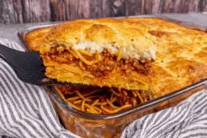 Spaghetti Casserole with Biscuit Topping