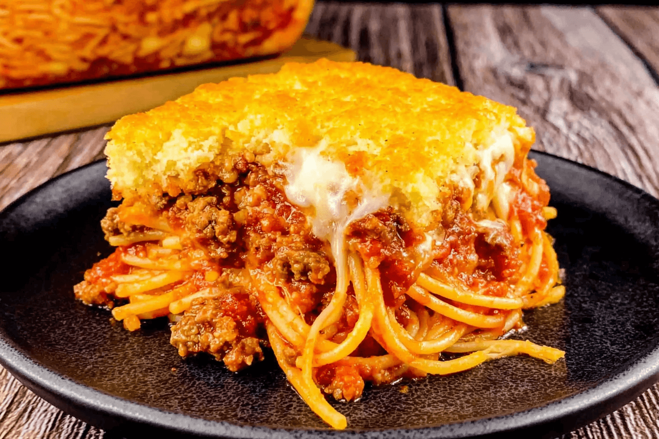 Spaghetti Casserole with Biscuit Topping Recipe