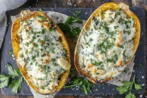 Spinach Artichoke Chicken Spaghetti Squash Bake