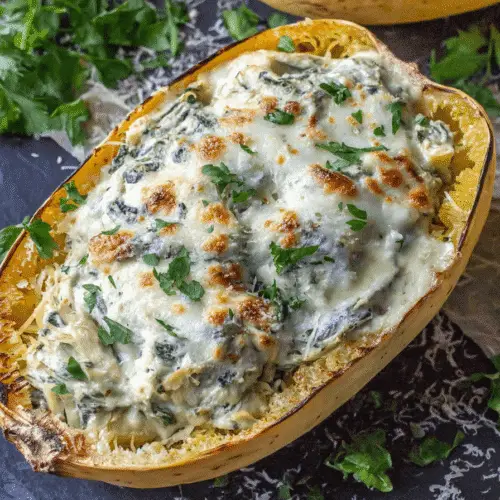 Spinach Artichoke Chicken Spaghetti Squash Bake Recipe
