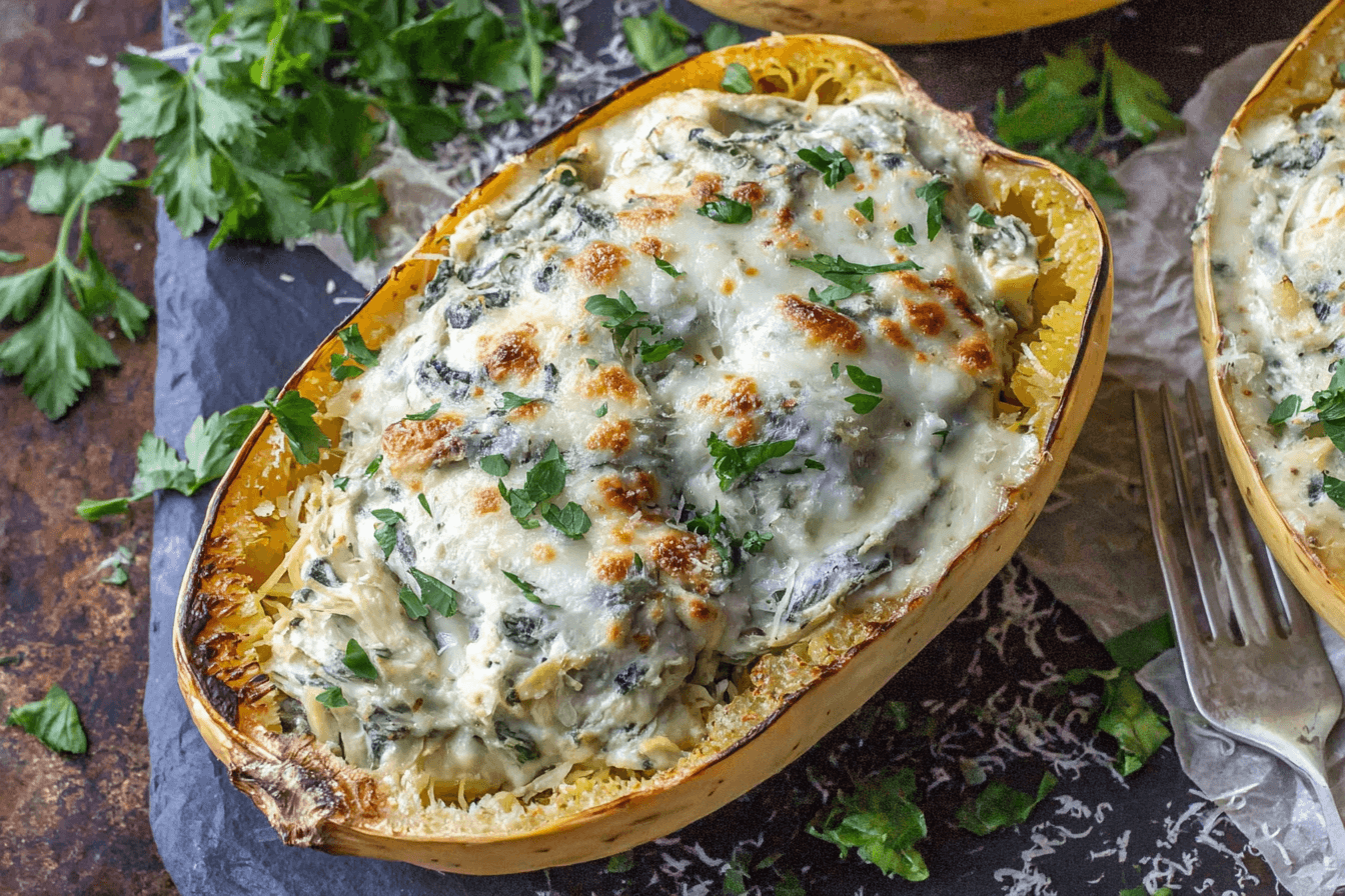 Spinach Artichoke Chicken Spaghetti Squash Bake Recipe
