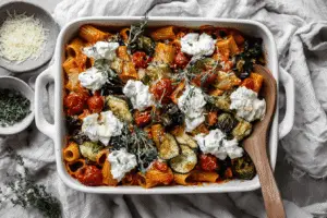 Eggplant Pasta Bake With Tomato & Zucchini