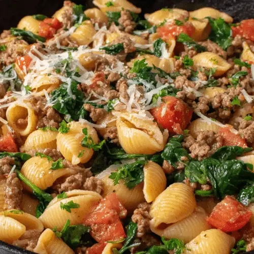 Hearty Pasta with Ground Beef and Spinach Recipe