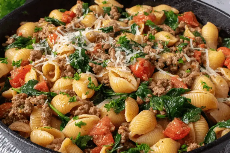 Hearty Pasta with Ground Beef and Spinach Recipe