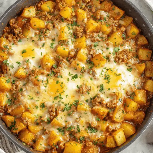 One-Pan Cheesy Potato And Meat Skillet Recipe