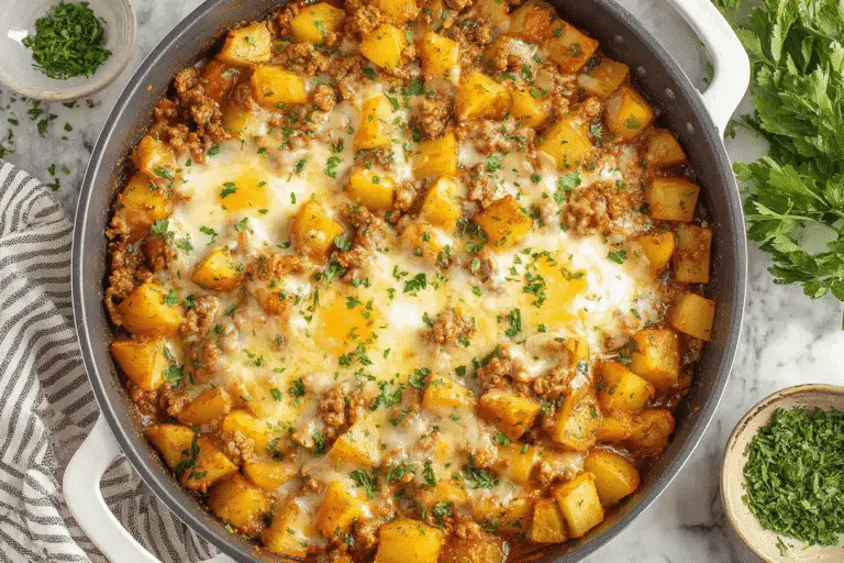 One-Pan Cheesy Potato And Meat Skillet Recipe