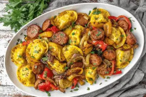 Sheet Pan Sausage and Pierogies