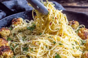 Baked Chicken Meatballs with Garlic Parmesan Spaghetti