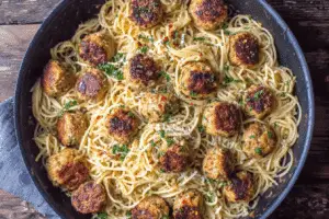 Baked Chicken Meatballs with Garlic Parmesan Spaghetti Recipe