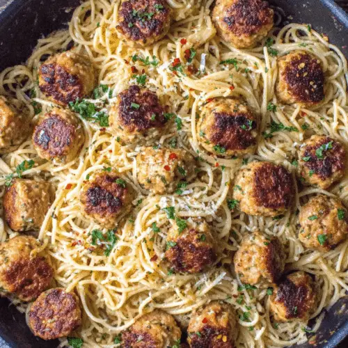 Baked Chicken Meatballs with Garlic Parmesan Spaghetti Recipe