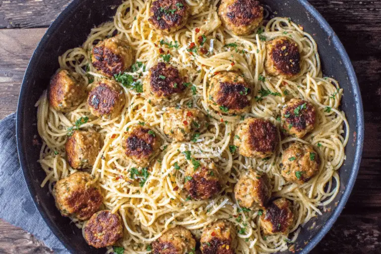 Baked Chicken Meatballs with Garlic Parmesan Spaghetti Recipe