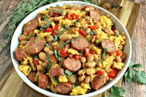 Breakfast Skillet with Sausage, Eggs, and Beans