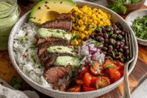 Flank Steak Bowls with Cilantro Lime Crema