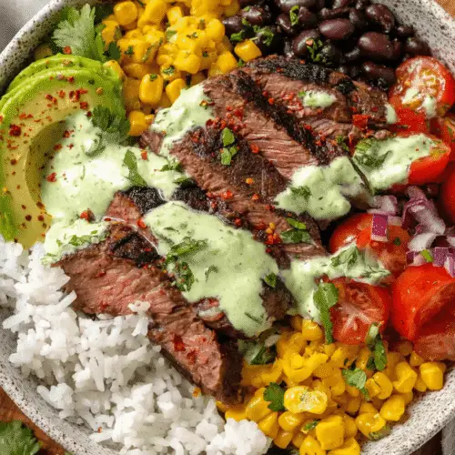 Flank Steak Bowls with Cilantro Lime Crema Recipe