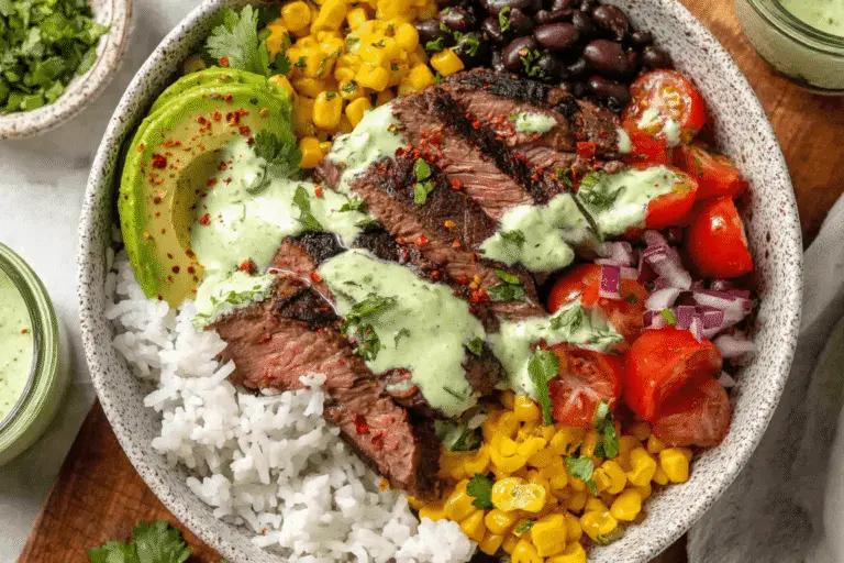 Flank Steak Bowls with Cilantro Lime Crema Recipe