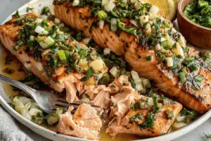 Miso Butter Salmon With Sizzled Scallion Salsa Verde