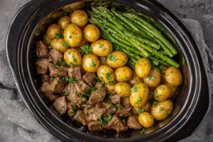 Slow Cooker Garlic Butter Beef Bites With Potatoes