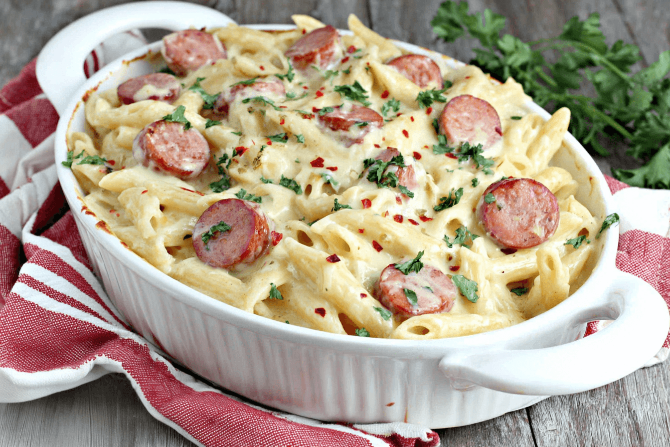 Spicy Smoked Sausage Alfredo Bake Recipe