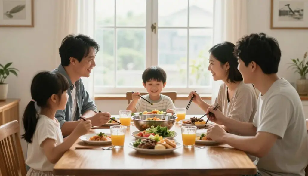 family enjoying budget-friendly dinner together at home family enjoying budget-friendly dinner together at home