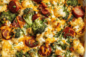 Cheesy Broccoli, Sausage and Cauliflower Casserole