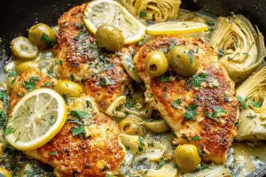 Lemon Garlic Chicken with Artichokes and Olives