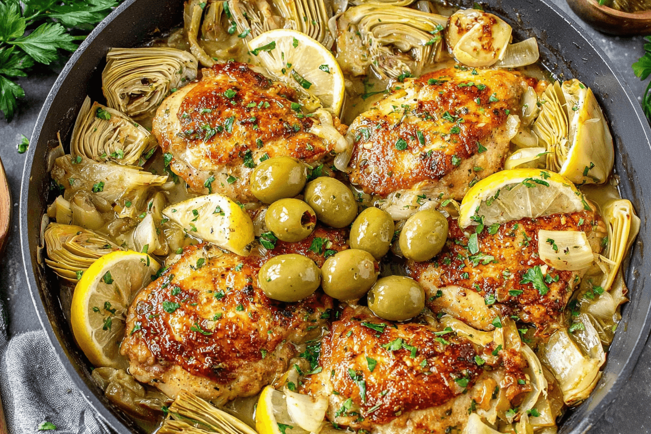Lemon Garlic Chicken with Artichokes and Olives Recipe