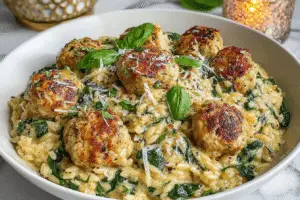 Baked Chicken Ricotta Meatballs With Creamy Spinach Orzo