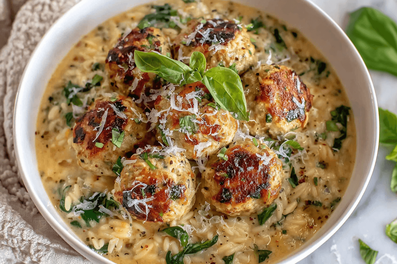 Baked Chicken Ricotta Meatballs With Creamy Spinach Orzo Recipe