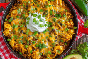 Cheesy Beef Enchilada Tortellini Skillet
