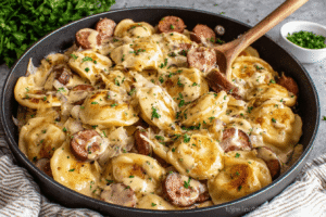 Cheesy Perogies with Sausage and Onions