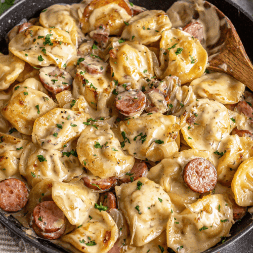 Cheesy Perogies with Sausage and Onions Recipe