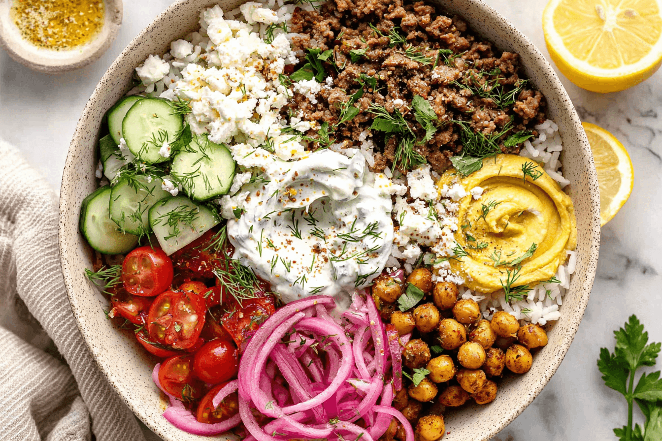 Homemade Greek Ground Beef Rice Bowl Recipe